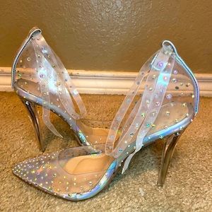High heel shoes . See through bedazzled Size 5.5